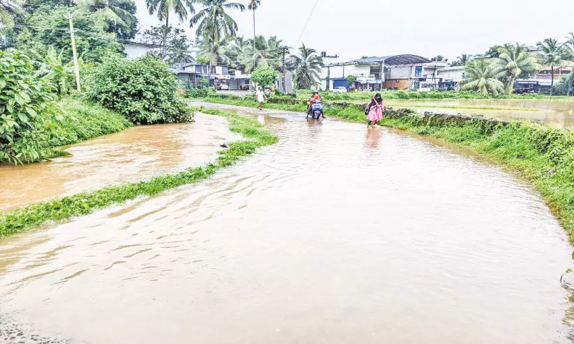 മ​ഴ പെ​യ്താ​ൽ തോ​ടാ​യി വ​ട​ക്കും​പു​റം സ്കൂ​ൾ റോ​ഡ്