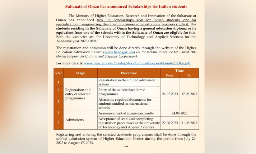 ഇ​ന്ത്യ​ൻ പ്ര​വാ​സി വി​ദ്യാ​ര്‍ഥി​ക​ള്‍ക്ക് സ്‌​കോ​ള​ര്‍ഷി​പ്പു​മാ​യി ഒ​മാ​ന്‍