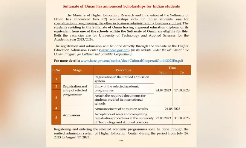 ഇ​ന്ത്യ​ൻ പ്ര​വാ​സി വി​ദ്യാ​ര്‍ഥി​ക​ള്‍ക്ക് സ്‌​കോ​ള​ര്‍ഷി​പ്പു​മാ​യി ഒ​മാ​ന്‍