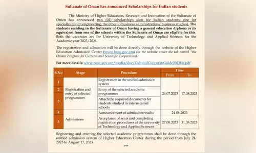 ഇ​ന്ത്യ​ൻ പ്ര​വാ​സി വി​ദ്യാ​ര്‍ഥി​ക​ള്‍ക്ക് സ്‌​കോ​ള​ര്‍ഷി​പ്പു​മാ​യി ഒ​മാ​ന്‍