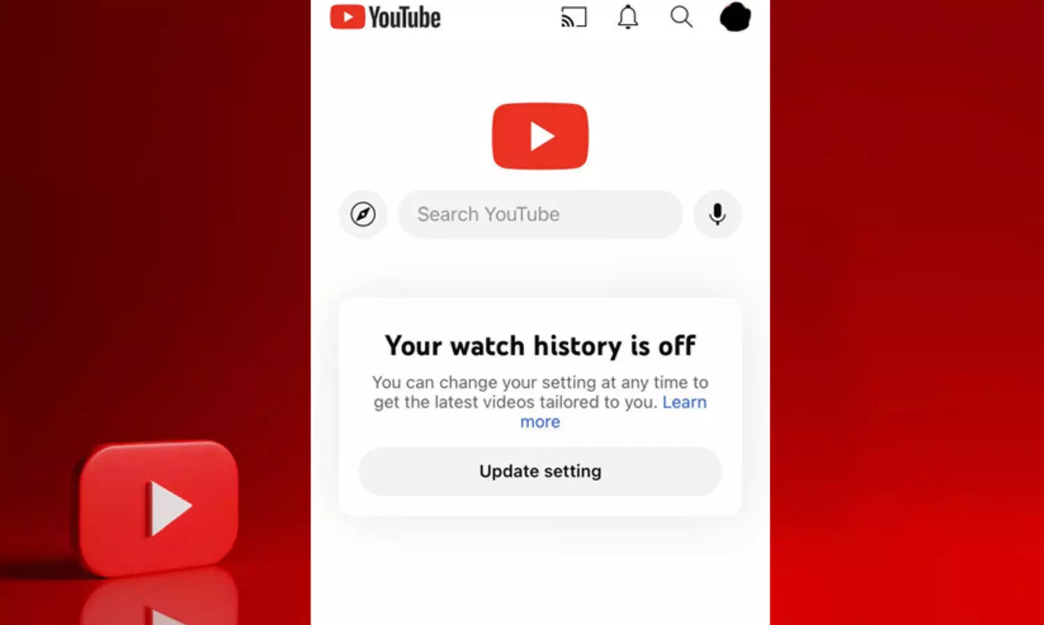 ഇനി യൂട്യൂബ് ഹോം പേജിൽ വിഡിയോകൾ കാണില്ല; വേണമെങ്കിൽ ‘വാച്ച് ഹിസ്റ്ററി’ ഓൺ ചെയ്യണമെന്ന് ഗൂഗിൾ