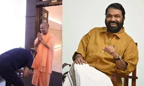 minister V sivankutty Trolled  Rajinikanth touches Up Cm  yogi adityanaths feet