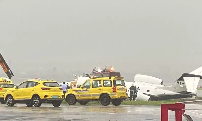 മുംബൈ വിമാനത്താവളത്തിൽ പ്രൈവറ്റ് ജെറ്റ് റൺവേയിൽനിന്ന് തെന്നിമാറി അപകടം; മൂന്നു പേർക്ക് പരിക്ക്