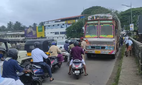 മാഹിയിൽ ഡീസലടിക്കാൻ വരുന്നതിനിടെ ഇന്ധനം തീർന്നു; മാഹിപ്പാലത്തിൽ ലോറി കിടന്നത് അര മണിക്കൂറോളം