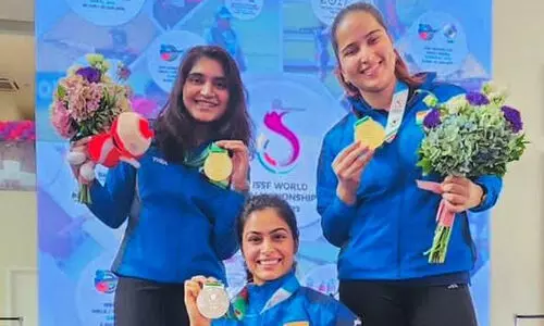 Manu Bhaker, Esha Singh, and Rhythm Sangwan