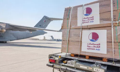 ഖ​ത്ത​റി​ന്റെ ദു​രി​താ​ശ്വാ​സ സ​ഹാ​യം ഈ​ജി​പ്തി​ലെ​ത്തി​ച്ച​പ്പോ​ൾ