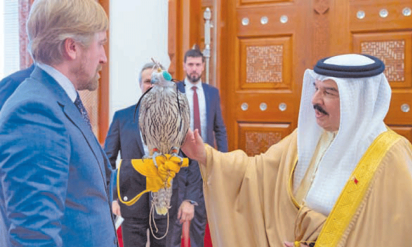 റഷ്യൻ സംഘം അപൂർവയിനം സൈബീരിയൻ ഫാൽക്കണിനെ ഹമദ് രാജാവിന് സമ്മാനിക്കുന്നു റഷ്യൻ സംഘം അപൂർവയിനം സൈബീരിയൻ ഫാൽക്കണിനെ ഹമദ് രാജാവിന് സമ്മാനിക്കുന്നു