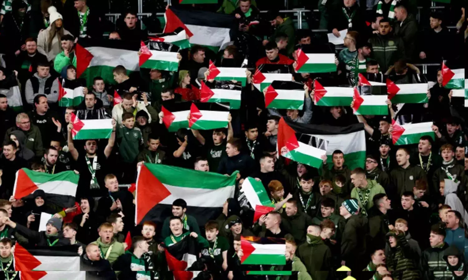 celtic fans with palestine flag