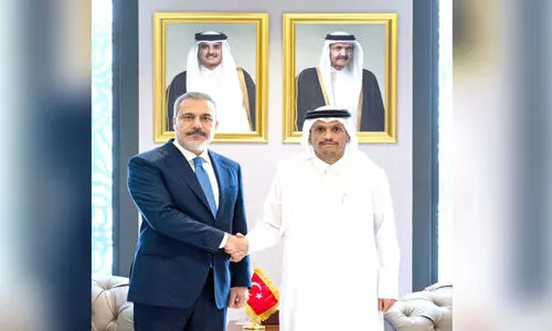 Turkish Foreign Minister Hakan Fidan who arrived in Doha The Prime Minister and Minister of Foreign Affairs Sheikh Mohammed bin Abdul In Rahman Althani
