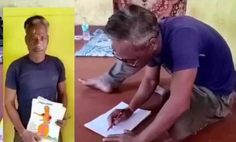 അ​സം സ്വ​ദേ​ശി​യാ​യ മോ​ദ​ൻ ക​രി​ന്ത​ള​ത്തെ മു​റി​യി​ലി​രു​ന്ന്  ചി​ത്ര​ങ്ങ​ൾ വ​ര​ക്കു​ന്നു