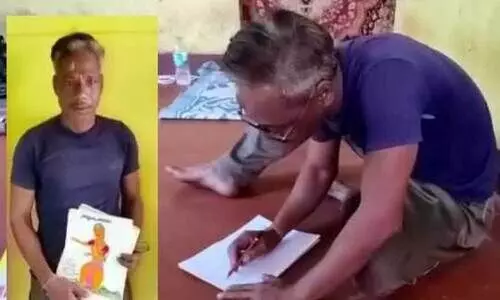 അ​സം സ്വ​ദേ​ശി​യാ​യ മോ​ദ​ൻ ക​രി​ന്ത​ള​ത്തെ മു​റി​യി​ലി​രു​ന്ന്  ചി​ത്ര​ങ്ങ​ൾ വ​ര​ക്കു​ന്നു