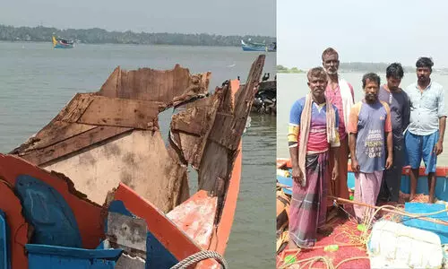 മത്സ്യബന്ധന വള്ളത്തിൽ കപ്പലിടിച്ചു; കടലിൽ വീണ തൊഴിലാളികൾ ഭാഗ്യം കൊണ്ട് രക്ഷപ്പെട്ടു