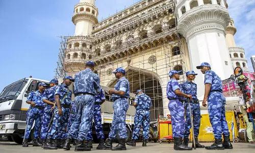 Ahead of todays Telangana assembly elections, army personnel were deployed in Hyderabads Charminar area