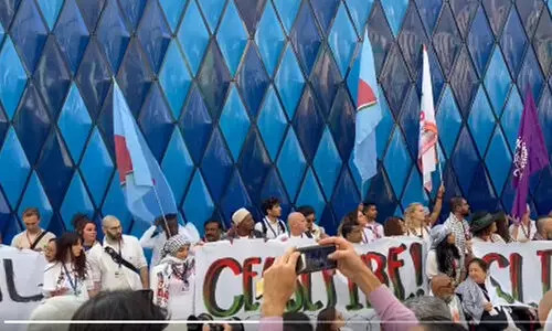 കോപ്​ 28 വേദിയിൽ ഗസ്സക്ക്​ വേണ്ടി പ്രതിഷേധം; വിതുമ്പലടക്കാനാവാതെ കാലാവസ്ഥ പ്രവർത്തകൾ