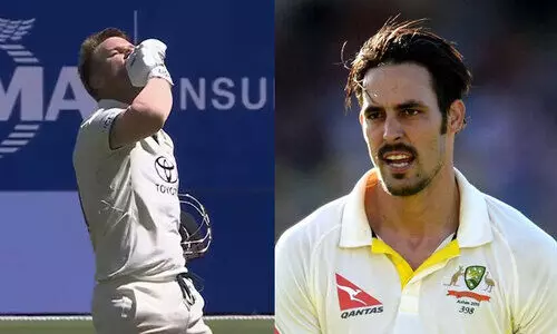 ഉശിരൻ സെഞ്ച്വറിയടിച്ച് വാർണറുടെ ആഘോഷം; മിച്ചൽ ജോൺസനുള്ള ‘സമർപ്പണ’മെന്ന് സമൂഹ മാധ്യമങ്ങൾ