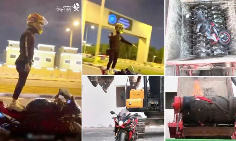 മോ​ട്ടോ​ർ ബൈ​ക്കി​ലെ അ​ഭ്യാ​സ​ത്തി​ന്റെ​യും പി​ടി​ച്ചെ​ടു​ത്ത വാ​ഹ​നം ന​ശി​പ്പി​ക്കു​ന്ന​തി​ന്റെ​യും ദൃ​ശ്യ​ങ്ങ​ൾ