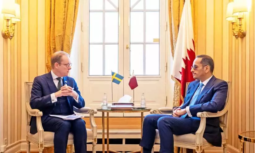 സ്വീ​ഡി​ഷ് വി​ദേ​ശ​കാ​ര്യ മ​ന്ത്രി തോ​ബി​യാ​സ് ബി​ൽ​സ്റ്റോ​മു​മാ​യി കൂ​ടി​ക്കാ​ഴ്ച ന​ട​ത്തു​ന്ന ഖ​ത്ത​ർ പ്ര​ധാ​ന​മ​ന്ത്രി ശൈ​ഖ് മു​ഹ​മ്മ​ദ്  ബി​ൻ അ​ബ്ദു​ൽ റ​ഹ്മാ​ൻ ആ​ൽ​ഥാ​നി