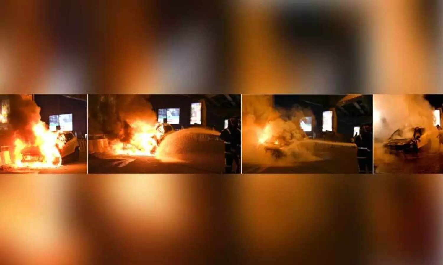 എ​റ​ണാ​കു​ളം നോ​ർ​ത്ത് പാ​ല​ത്തി​ൽ ബു​ധ​നാ​ഴ്ച രാ​ത്രി ഓ​ടി​ക്കൊ​ണ്ടി​രു​ന്ന കാ​റി​ന്​ തീ​പി​ടി​ച്ച​പ്പോ​ൾ അ​ണ​ക്കാനു​ള്ള അ​ഗ്​​നി​ര​ക്ഷാ​സേ​ന​യു​ടെ ശ്ര​മം