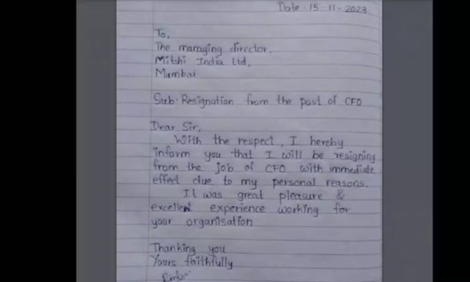 19 കോടി മൂല്യമുള്ള കമ്പനിയുടെ സി.എഫ്.ഒ രാജിക്കത്ത് നൽകിയത് നോട്ട്ബുക്കിൽ നിന്നും കീറിയ പേജിൽ; സോഷ്യൽ മീഡിയയിൽ വൈറൽ