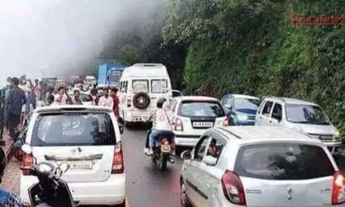 താമരശ്ശേരി ചുരത്തിൽ ലോറി കുടുങ്ങി ഗതാഗത തടസ്സം