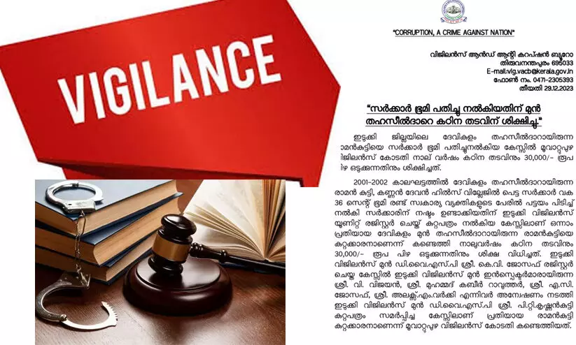 ദേവികുളം മുൻ തഹസീൽദാർക്ക് നാലുവർഷം കഠിന തടവും 30,000 രൂപ പിഴയും ദേവികുളം മുൻ തഹസീൽദാർക്ക് നാലുവർഷം കഠിന തടവും 30,000 രൂപ പിഴയും