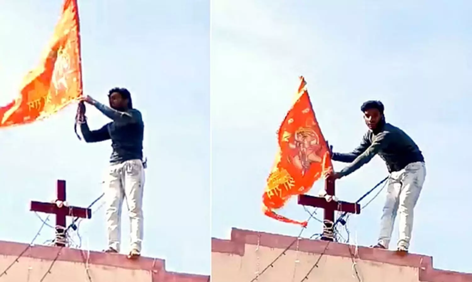 മധ്യപ്രദേശിൽ ക്രിസ്ത്യൻ പള്ളിക്ക് മുകളിൽ കാവിക്കൊടി കെട്ടി