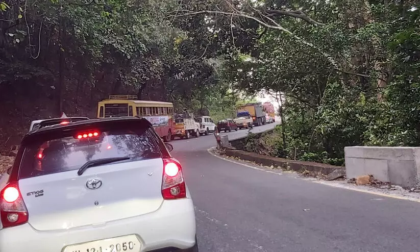 ലോറി കുടുങ്ങി; താമരശ്ശേരി ചുരത്തിൽ ഗതാഗതക്കുരുക്ക് -വിഡിയോ