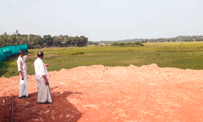 ഇ​ടി​ഞ്ഞി​ല്ലം മൂ​ന്നാങ്കേ​രി - താ​മ​രങ്കേ​രി പാ​ട​ശേ​ഖ​ര​ത്തി​ന്റെ ഒ​രു ഭാ​ഗം നി​ക​ത്തി​യ നി​ല​യി​ൽ