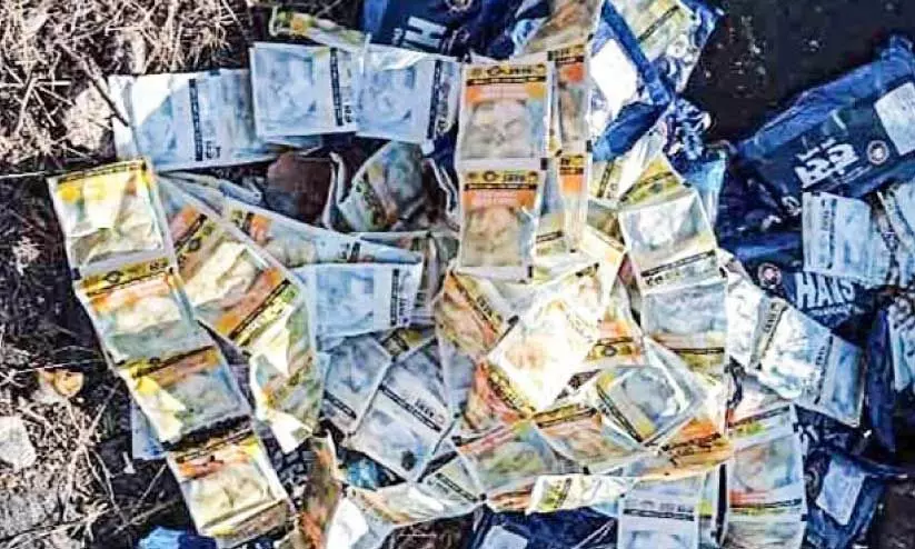 ഭൂ​മി​യാം​കു​ള​ത്ത് പാ​റ​ക്കെ​ട്ടി​ൽ ഒ​ളി​പ്പി​ച്ച​നി​ല​യി​ൽ ക​ണ്ടെ​ത്തി​യ നി​രോ​ധി​ത പു​ക​യി​ല ഉ​ൽ​പ​ന്ന​ങ്ങ​ൾ