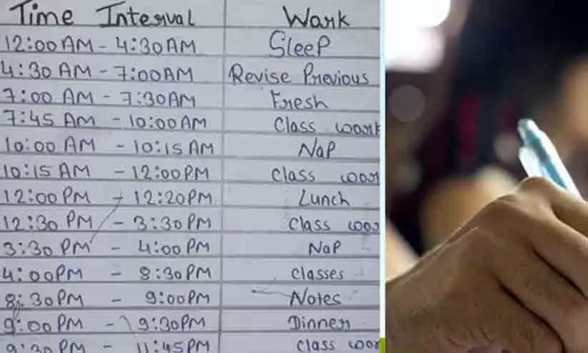 നാലര മണിക്കൂർ ഉറക്കം; കുളിക്കാനും പല്ലു തേക്കാനും അരമണിക്കൂർ -ജെ.ഇ.ഇക്ക് തയാറെടുക്കുന്ന വിദ്യാർഥിയുടെ ഷെഡ്യൂൾ കണ്ട് കണ്ണുതള്ളി സോഷ്യൽ മീഡിയ നാലര മണിക്കൂർ ഉറക്കം; കുളിക്കാനും പല്ലു തേക്കാനും അരമണിക്കൂർ -ജെ.ഇ.ഇക്ക് തയാറെടുക്കുന്ന വിദ്യാർഥിയുടെ ഷെഡ്യൂൾ കണ്ട് കണ്ണുതള്ളി സോഷ്യൽ മീഡിയ