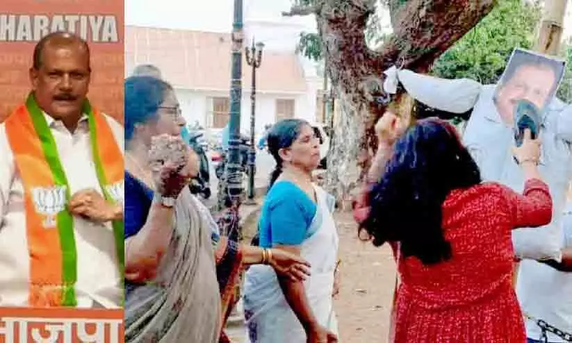 മാഹിക്കെതിരെ ​വേശ്യാപരാമർശം: പി.​സി. ജോർജിനെ തള്ളി ബി.ജെ.പി; കോലത്തിൽ ചെരിപ്പ് കൊണ്ടടിച്ച് മഹിളാ കോൺഗ്രസ്