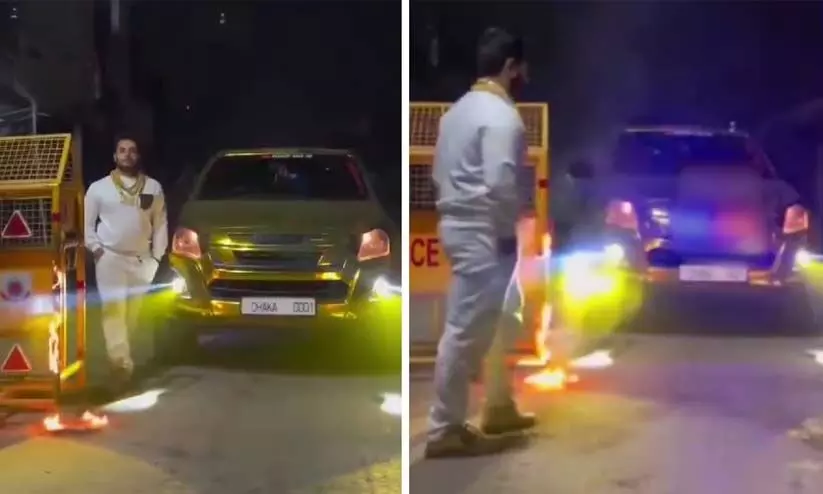 Police Barricade Set On Fire To Make Instagram Reel With Gold-Plated Pickup Truck; 1 Arrested Police Barricade Set On Fire To Make Instagram Reel With Gold-Plated Pickup Truck; 1 Arrested