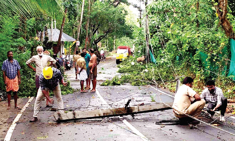 ഒ​ടി​ഞ്ഞു​വീ​ണ വൈ​ദ്യു​തി തൂ​ൺ