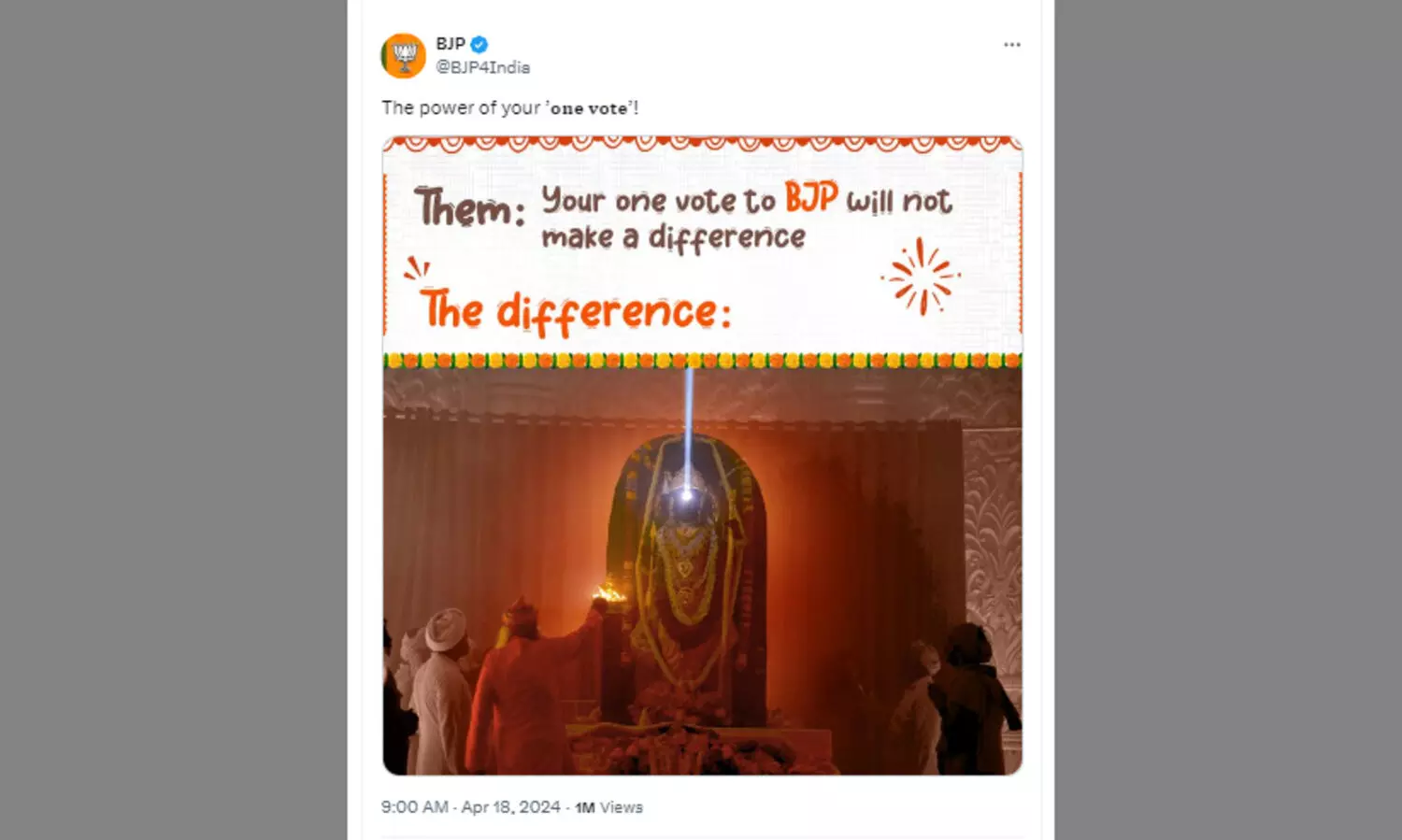 രാമക്ഷേത്ര വിഗ്രഹം കാണിച്ച് വോട്ട് ചോദിച്ച് ബി.ജെ.പി; ‘നിങ്ങളുടെ ഒരു വോട്ടിന്‍റെ ശക്തി’യെന്ന്