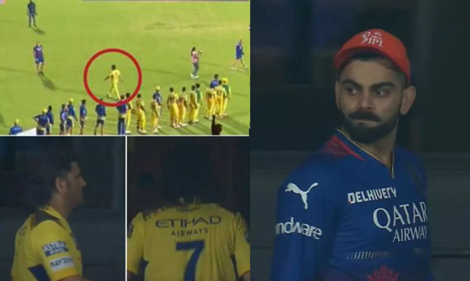 ബംഗളൂരു താരങ്ങൾക്ക് കൈകൊടുക്കാൻ കാത്തുനിൽക്കുന്നതിനിടെ  ധോണി മടങ്ങി; ഡ്രസ്സിങ് റൂമിൽ തേടിയെത്തി കോഹ്‍ലി