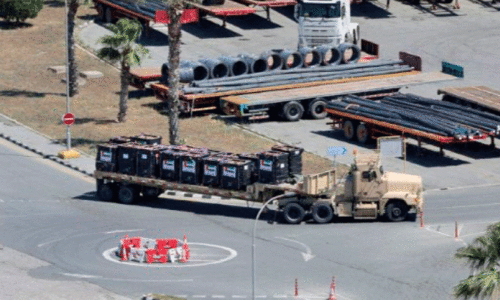 Cargo truck with UAE flag headed to Larnaca port in Cyprus the hill