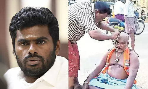 അണ്ണാമലൈ ജയിക്കുമെന്ന് പന്തയംവെച്ചു; മൊട്ടയടിച്ച് നഗരപ്രദക്ഷിണം