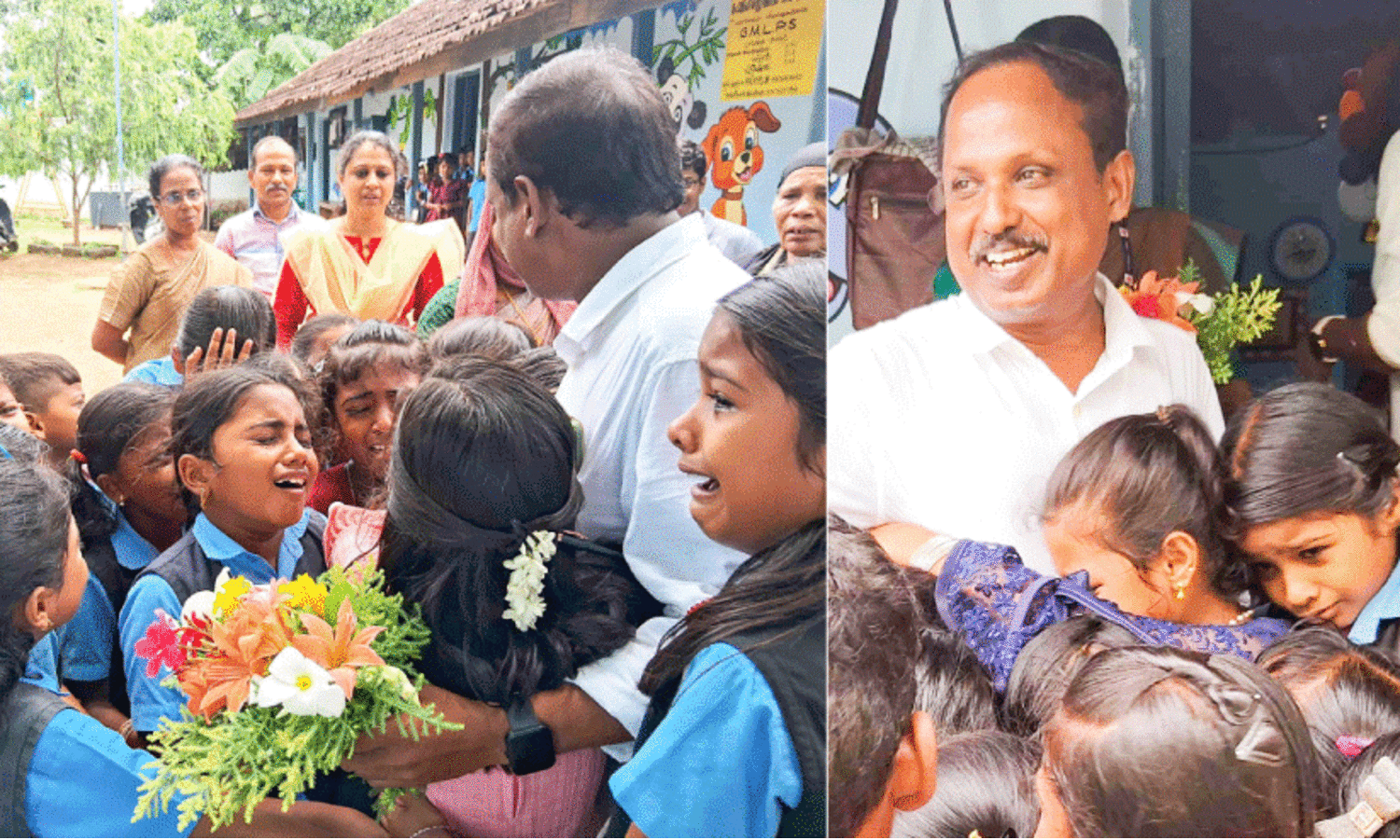 Children hug the headmaster and cry