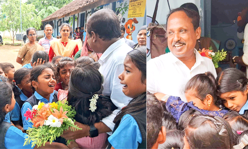 Children hug the headmaster and cry