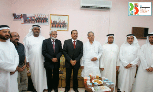 Gulf Madhyam Chief Editor V.K. Hamza Abbas Lulu Group Chairman M.A. Yusufali, poet K. Satchidanandan Muslim League leader E.T. With Muhammad Basheer and others