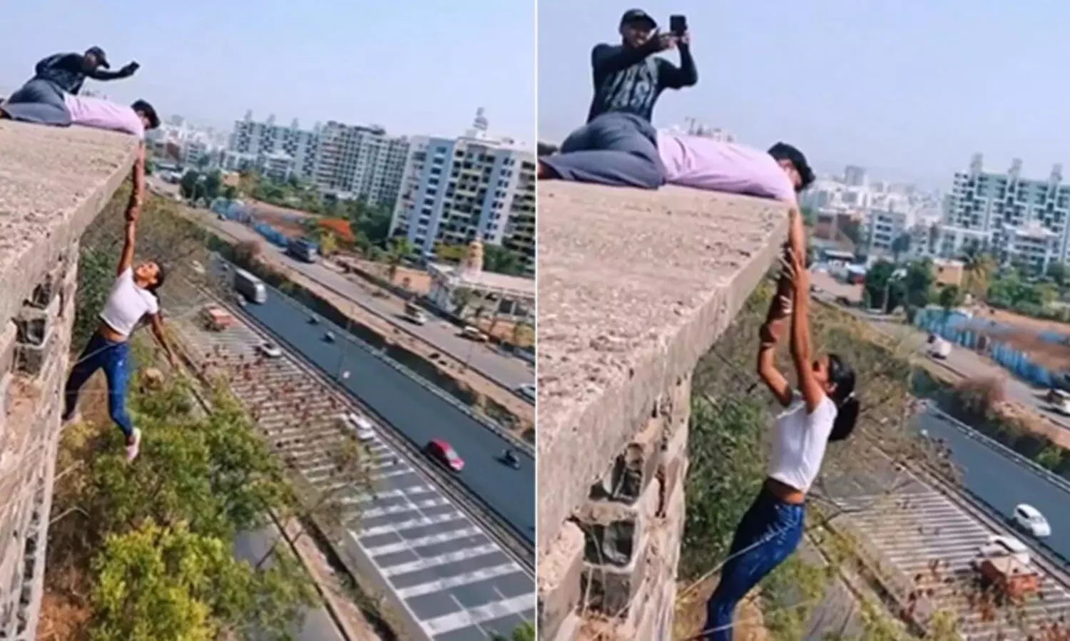 ബഹുനില കെട്ടിടത്തിൽ തൂങ്ങിക്കിടന്ന് റീൽ; യുവതിയും സുഹൃത്തും അറസ്റ്റിൽ