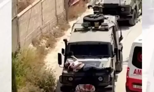 പരിക്കേറ്റ ഫലസ്തീൻ പൗരനെ മനുഷ്യകവചമാക്കി ഇസ്രായേലിന്‍റെ ക്രൂരത; ബോണറ്റിൽ കെട്ടിയിട്ട് ജീപ്പോടിക്കുന്ന ദൃശ്യങ്ങൾ പുറത്ത്