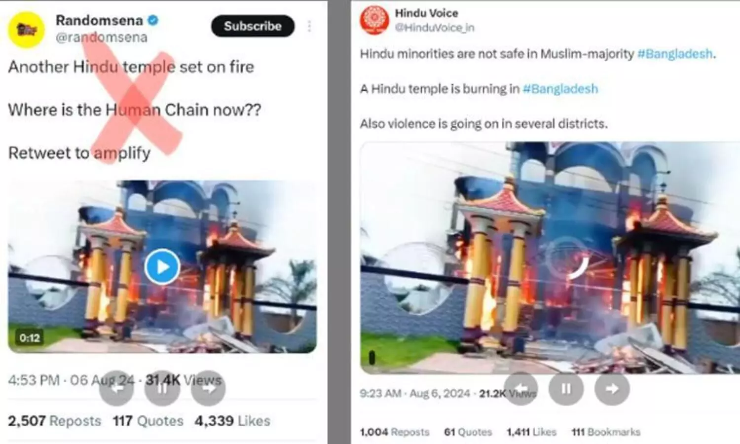 ബംഗ്ലാദേശിൽ ഹിന്ദു ക്ഷേത്രത്തിന് തീവെച്ചെന്ന് വ്യാജ പ്രചാരണം; സത്യമിതാണ്... FACT CHECK