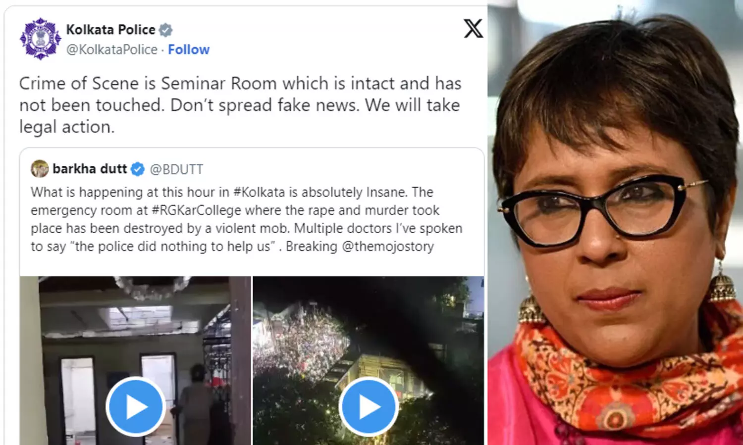 ബർഖ ദത്തിനെതിരെ വ്യാജ വാർത്തക്ക് കേസെടുക്കും -കൊൽക്കത്ത പൊലീസ്