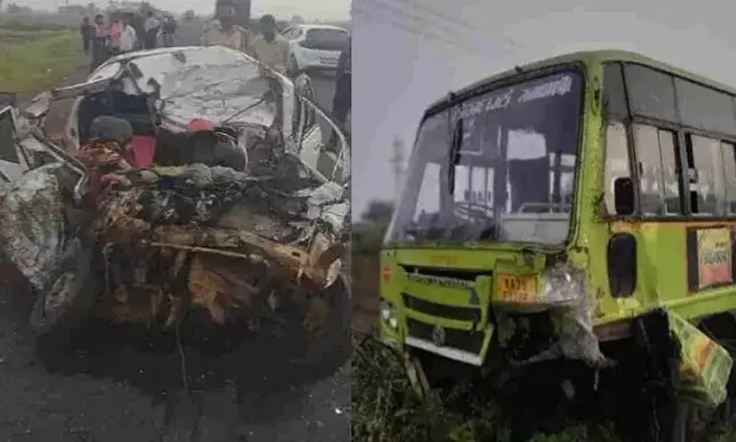 ബസും കാറും കൂട്ടിയിടിച്ച് ഒരു കുടുംബത്തിലെ നാലുപേർ മരിച്ചു ബസും കാറും കൂട്ടിയിടിച്ച് ഒരു കുടുംബത്തിലെ നാലുപേർ മരിച്ചു