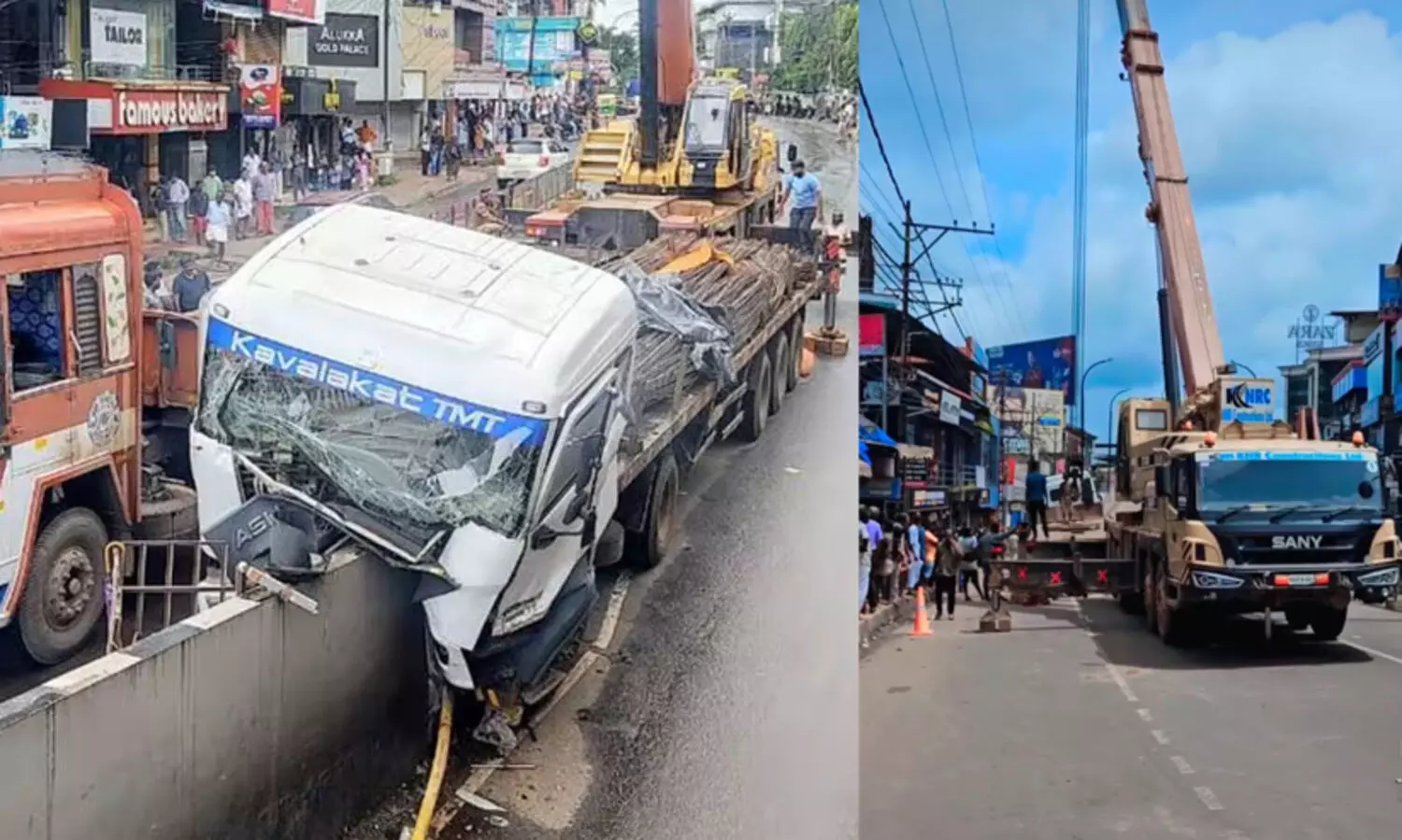 എടപ്പാളില്‍ ചരക്കുലോറി മേല്‍പ്പാലത്തിൽ ഇടിച്ചുകയറി; ദേശീയ പാതയിൽ ഗതാഗത നിയന്ത്രണം
