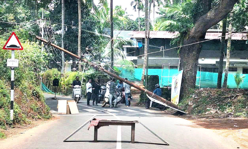പ​ള്ളൂ​രി​ൽ വൈ​ദ്യു​തി തൂ​ൺ ഒ​ടി​ഞ്ഞു വീ​ണു