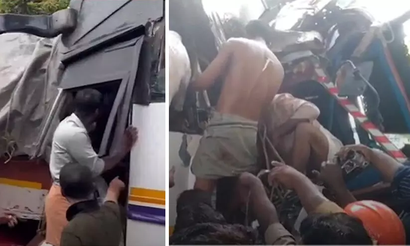 ലോറിയുമായി കൂട്ടിയിടിച്ച് ബസ് കാബിനിൽ മണിക്കൂറുകൾ കുടുങ്ങിയ ഡ്രൈവർ രക്തം വാർന്ന് മരിച്ചു ലോറിയുമായി കൂട്ടിയിടിച്ച് ബസ് കാബിനിൽ മണിക്കൂറുകൾ കുടുങ്ങിയ ഡ്രൈവർ രക്തം വാർന്ന് മരിച്ചു