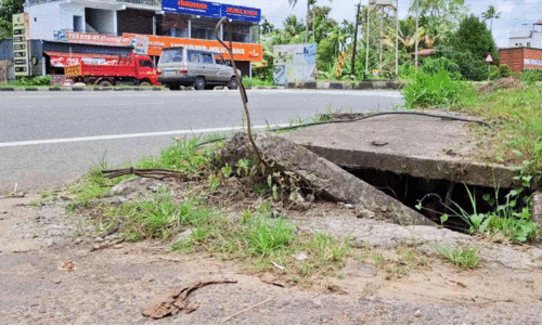 അപകടത്തിലേക്ക് തുറന്ന് ദേശീയപാതയോരത്തെ കാന അപകടത്തിലേക്ക് തുറന്ന് ദേശീയപാതയോരത്തെ കാന