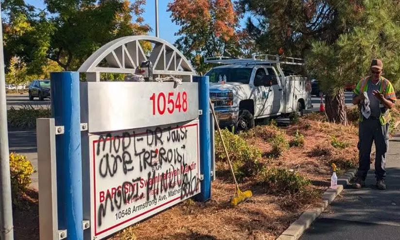 ‘ഹിന്ദുക്കൾ മടങ്ങിപ്പോവുക’; കാലിഫോർണിയയിലെ ‘ബാപ്സ്’ ക്ഷേത്രത്തിൽ വിദ്വേഷ ചുവരെഴുത്ത്